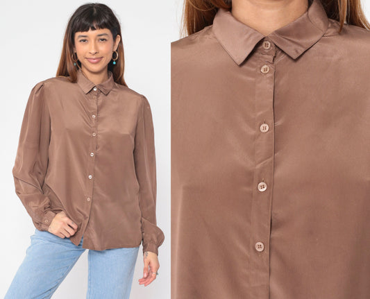 80s Regina Porter Puff Sleeve Blouse Mocha Brown Button Up Shirt Large