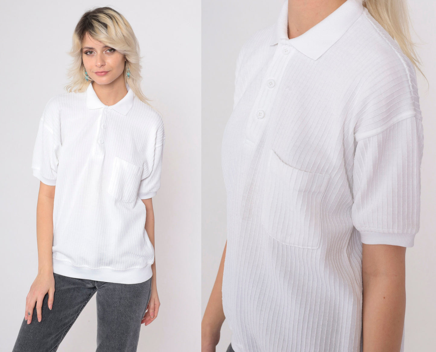 80s White Ribbed Polo Shirt Button Up Chest Pocket Collared Medium