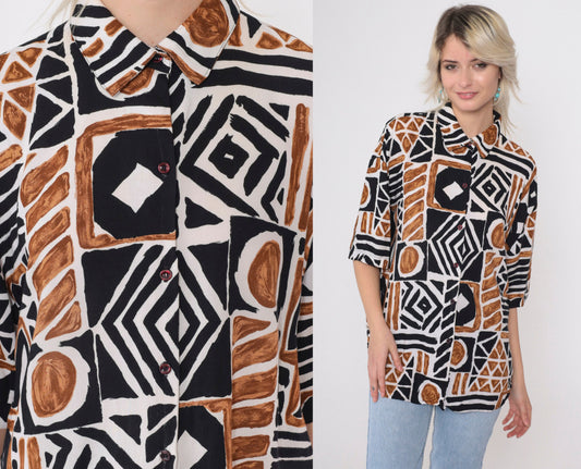 90s Kathie Lee Plus Geometric Safari Print Button Up Blouse Brown Black Extra Large XXL