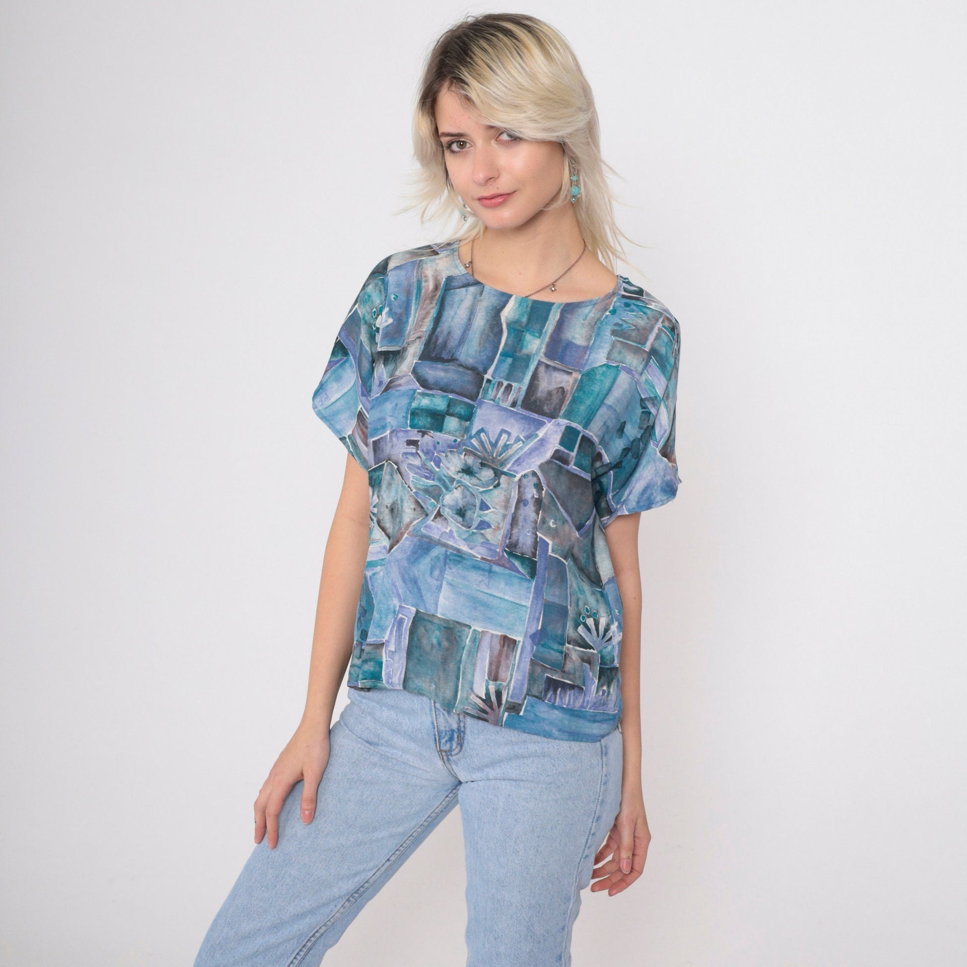 90s Susan Burrowes Watercolor Geometric Blouse Blue Short Sleeve Petite 6
