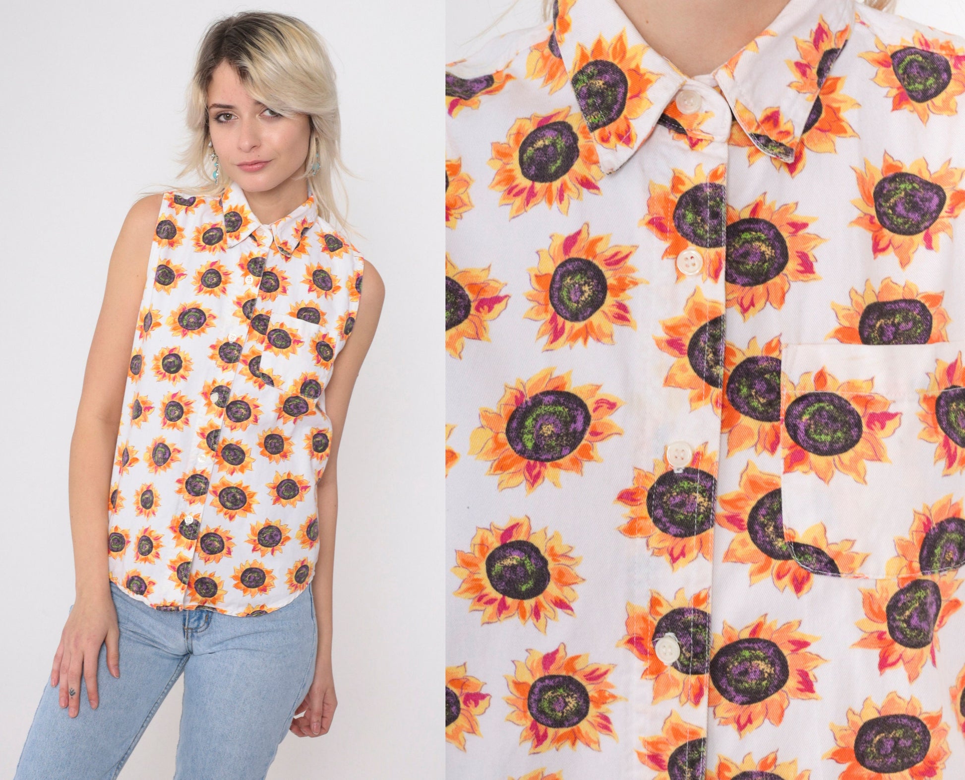 90s Sunflower Tank Top White Cotton Button-Up Sleeveless Blouse Small