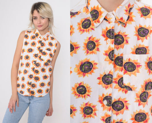 90s Sunflower Tank Top White Cotton Button-Up Sleeveless Blouse Small