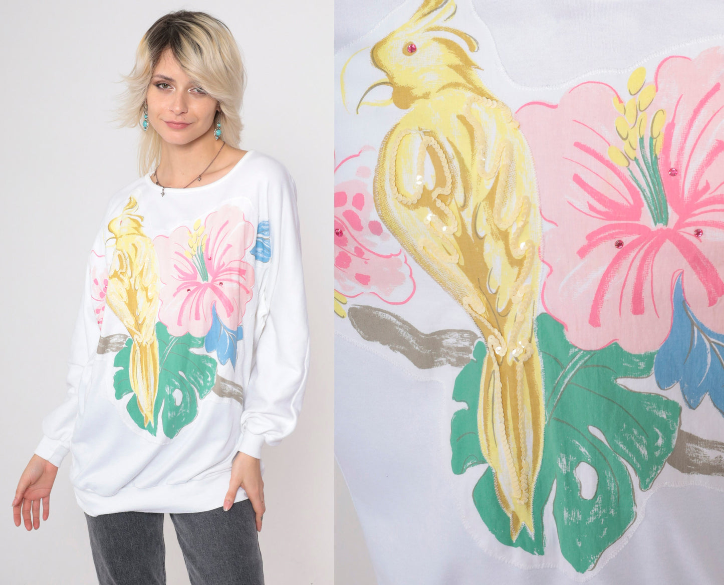 90s Tropical Bird Sequin Sweatshirt White Dolman Sleeve Graphic Large L
