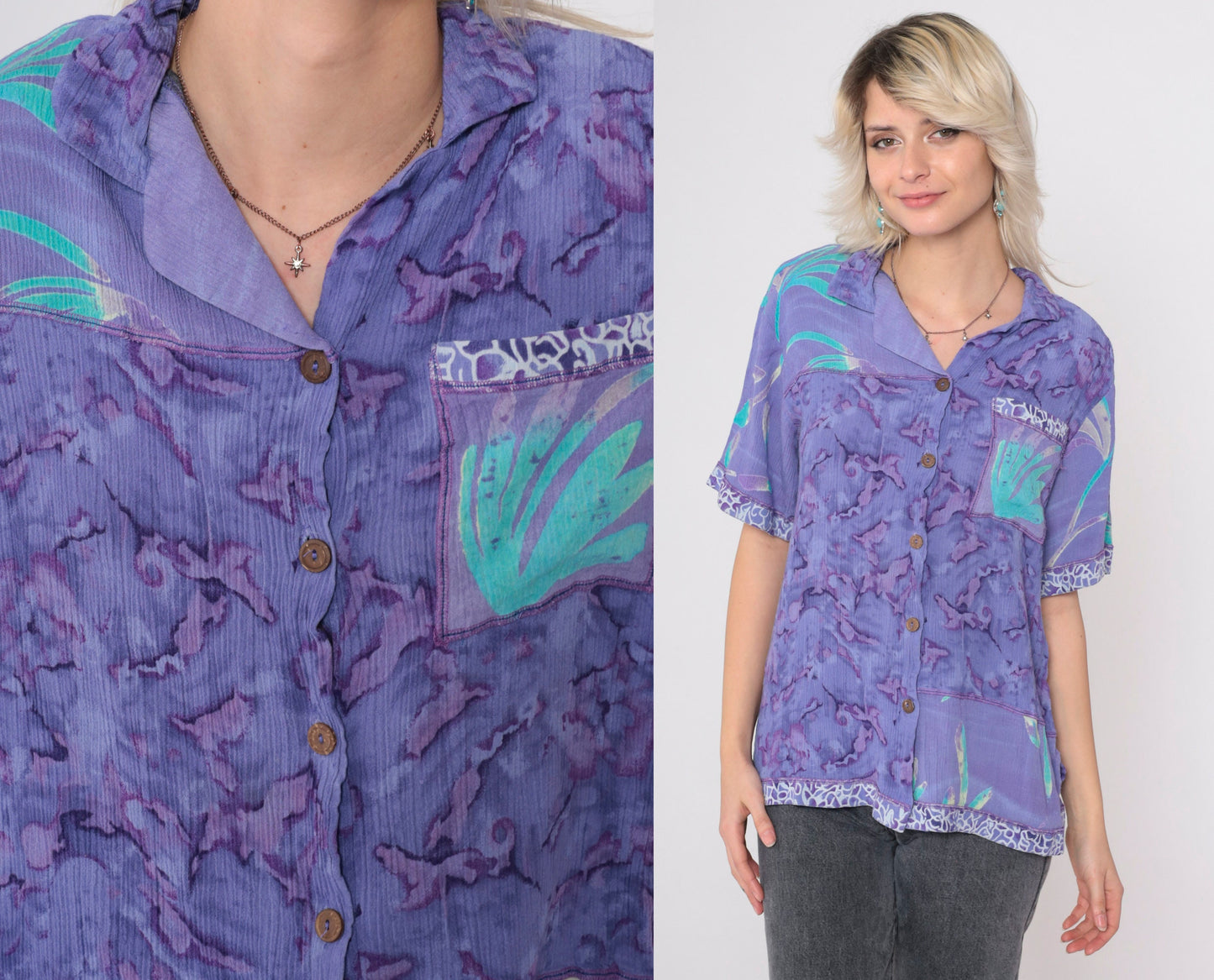 90s Tie Dye Button Up Shirt Purple Abstract Floral Rayon Medium