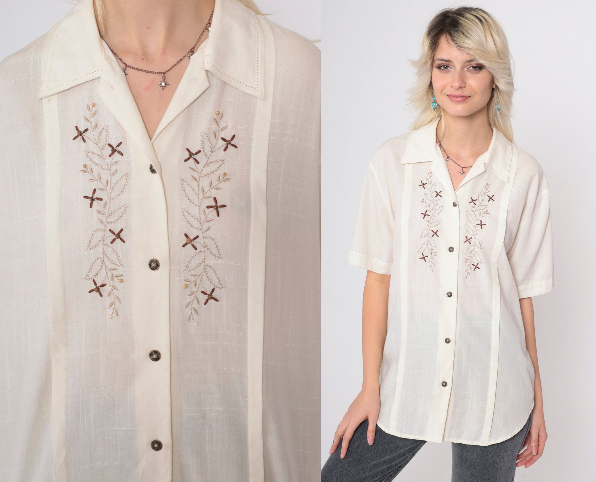 80s Jantzen Classics Floral Embroidered Cream Blouse Beaded Collar Medium M