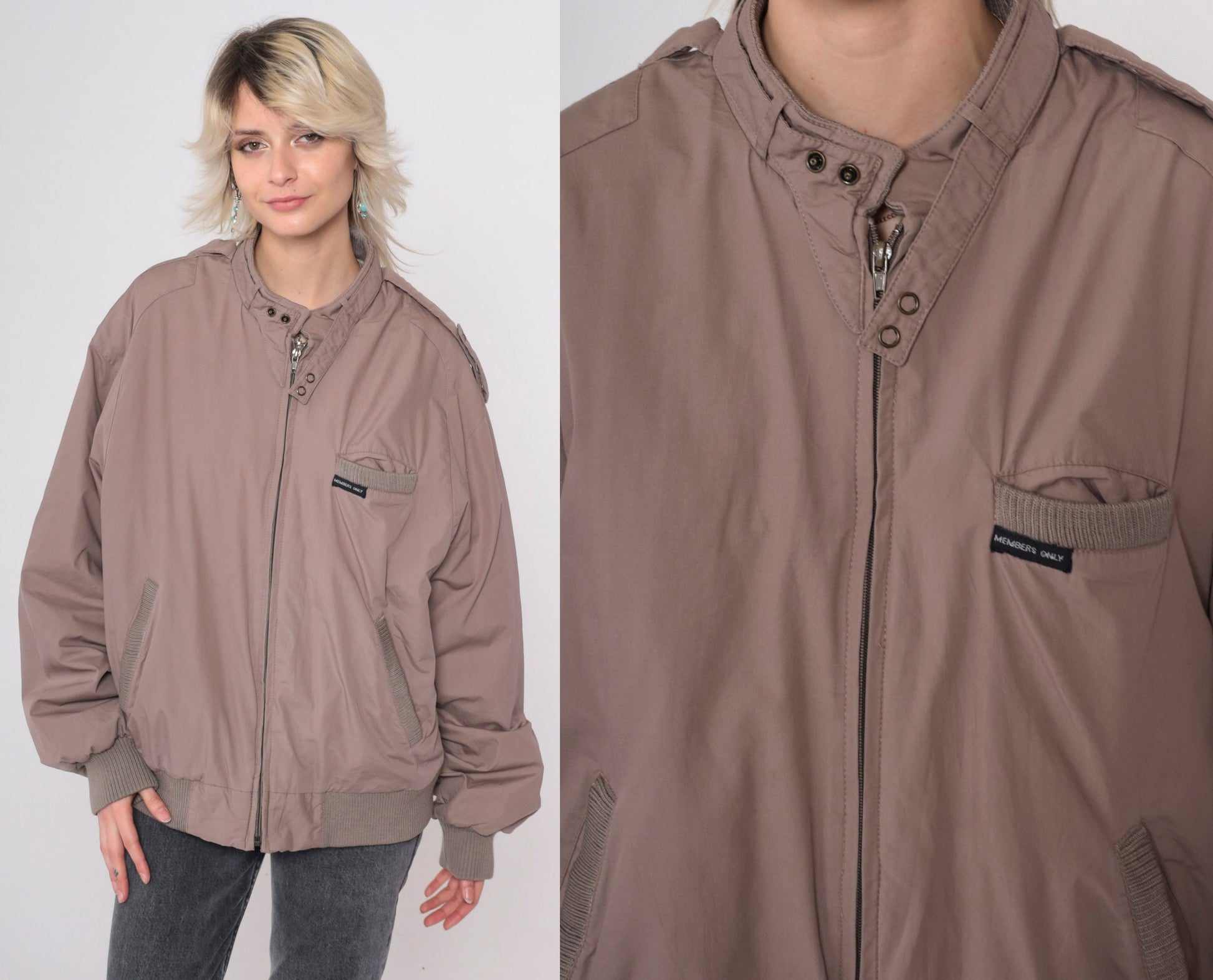 80s Members Only Brown Windbreaker Jacket Zip Epaulette Large