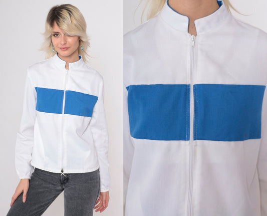 80s Miss USA Windbreaker White Blue Stripe Stand Collar Zip Jacket Small