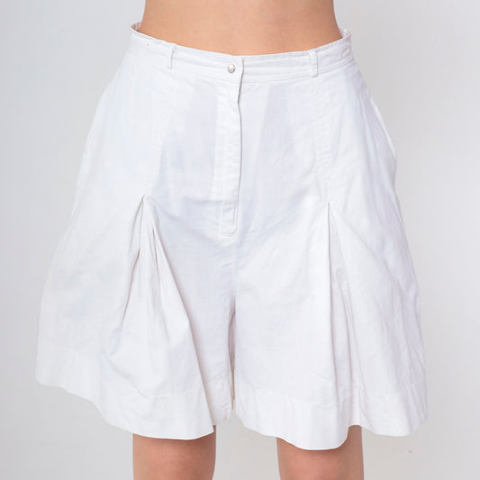 90s White Pleated High-Waist Shorts Wide Leg Cotton Small