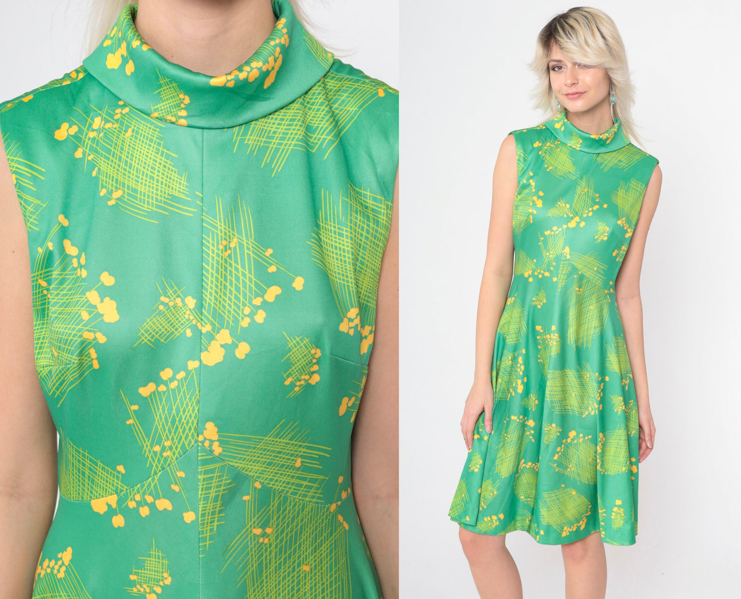 70s Emilio Borghese Abstract Floral Dress Green Mock Neck Midi Small Medium
