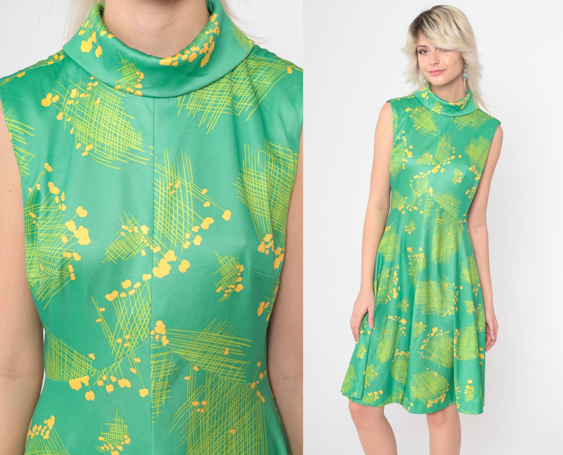 70s Emilio Borghese Abstract Floral Dress Green Mock Neck Midi Small Medium