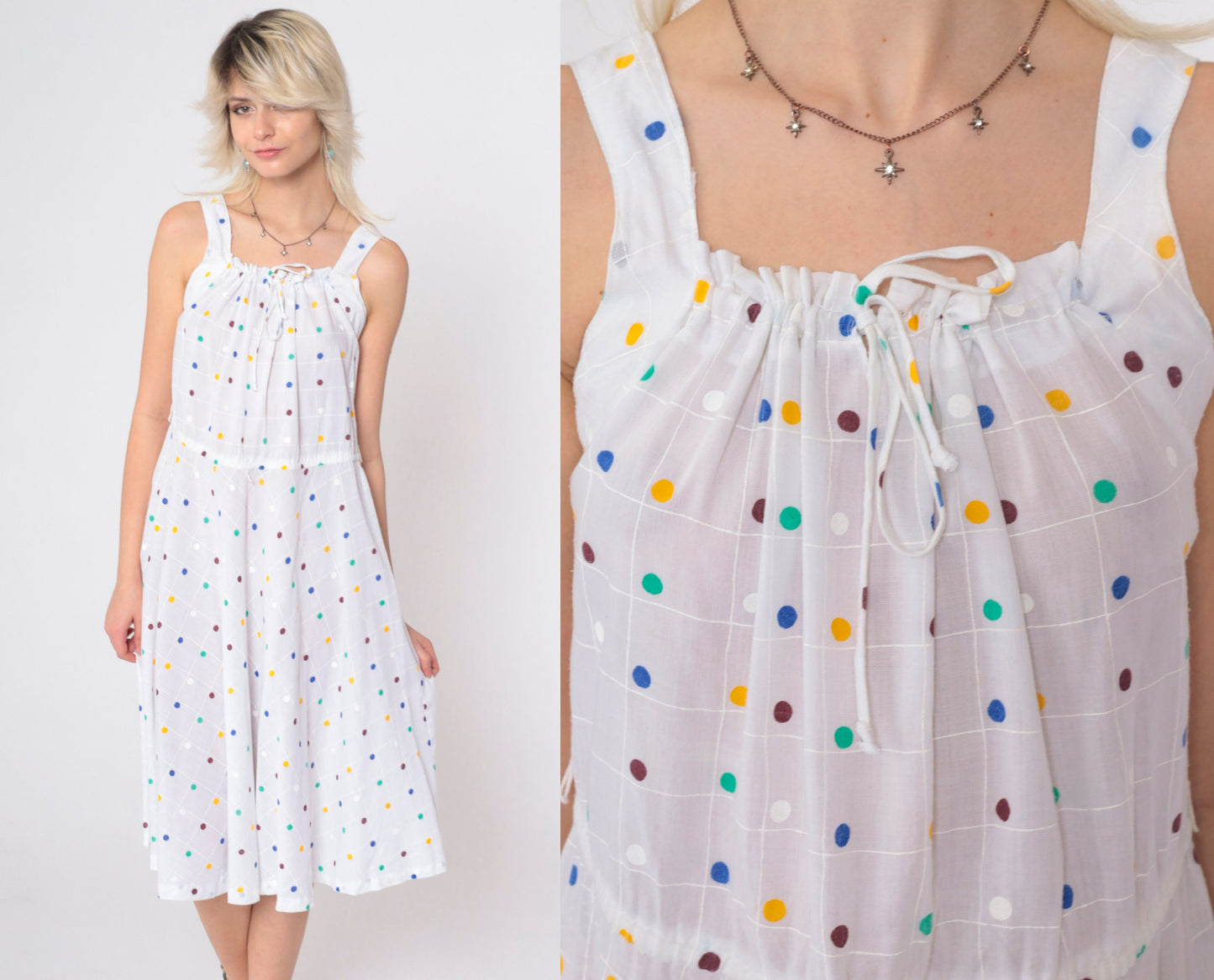 70s White Polka Dot Midi Dress Drawstring Neckline Sleeveless Medium