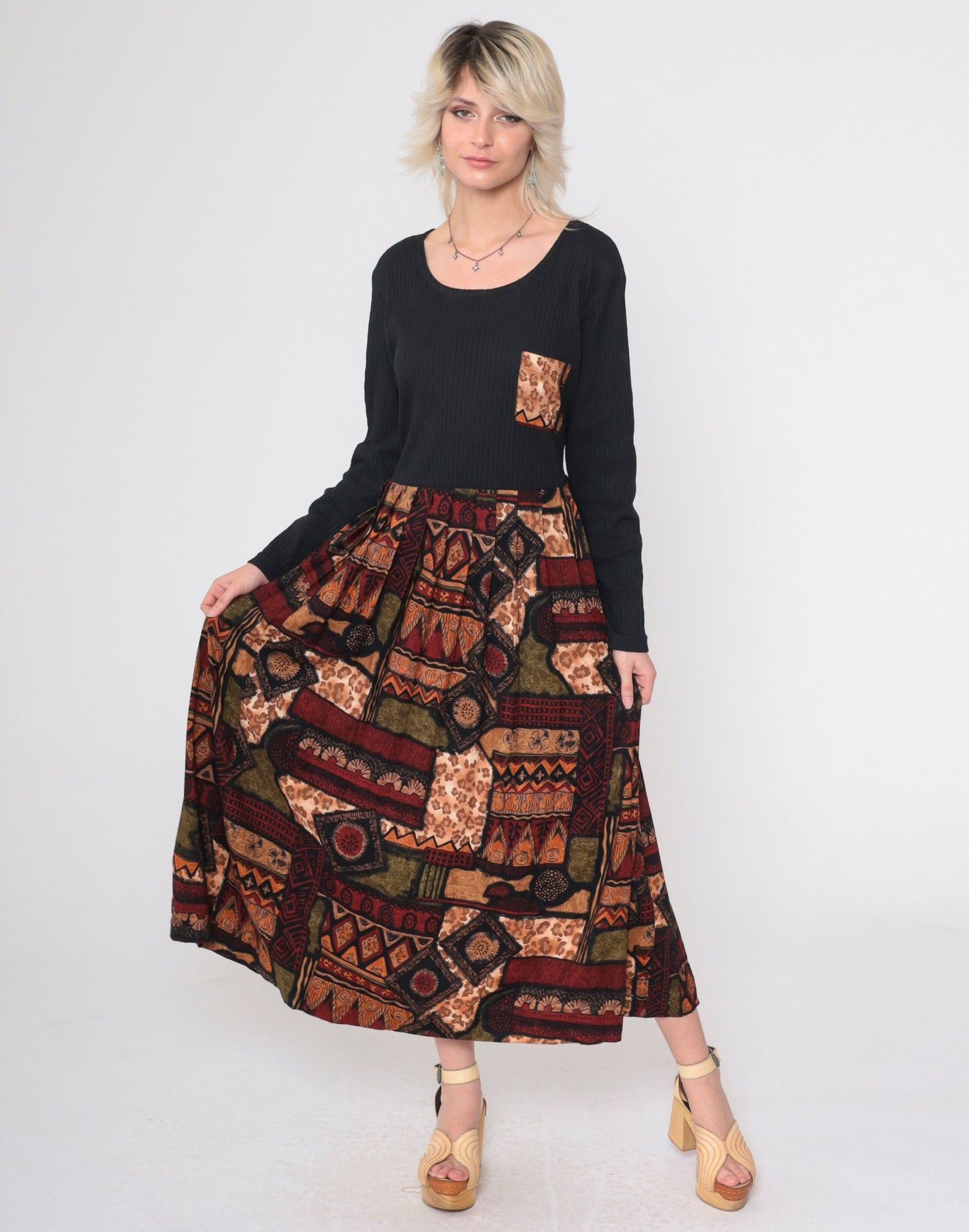 90s Diana Marco Geometric Animal Print Maxi Dress Black Long Sleeve Extra Large