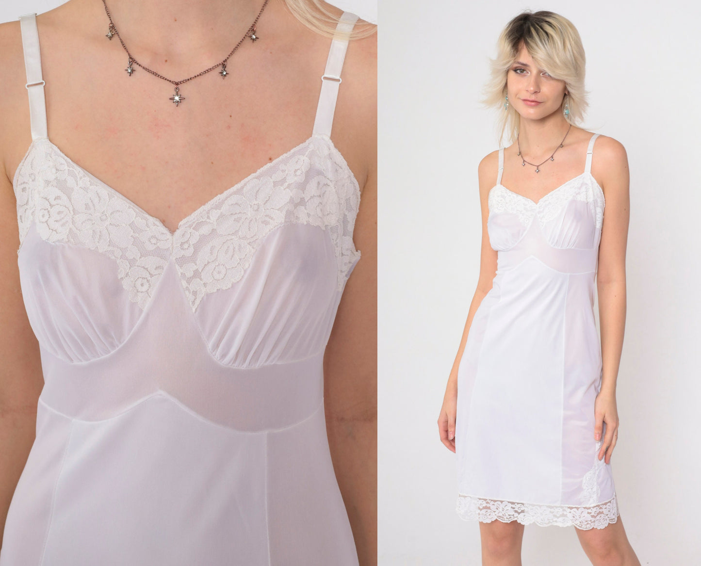 70s Nancy King Lingerie White Nylon Slip Dress Lace Trim Empire Waist Small