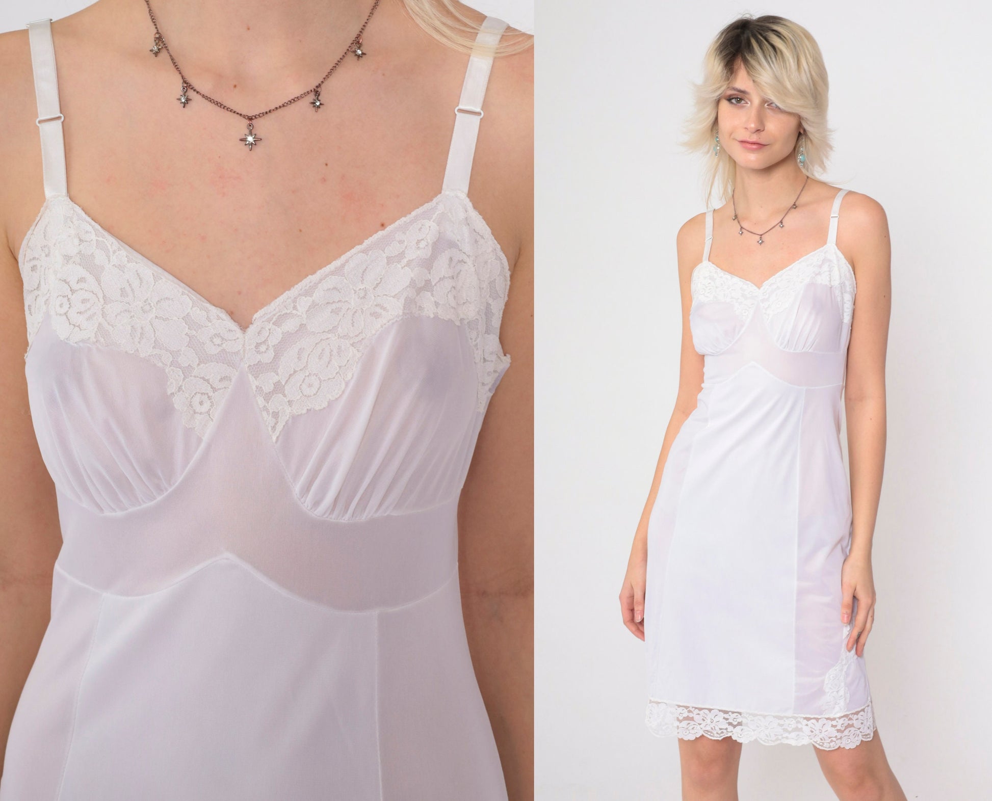 70s Nancy King Lingerie White Nylon Slip Dress Lace Trim Empire Waist Small