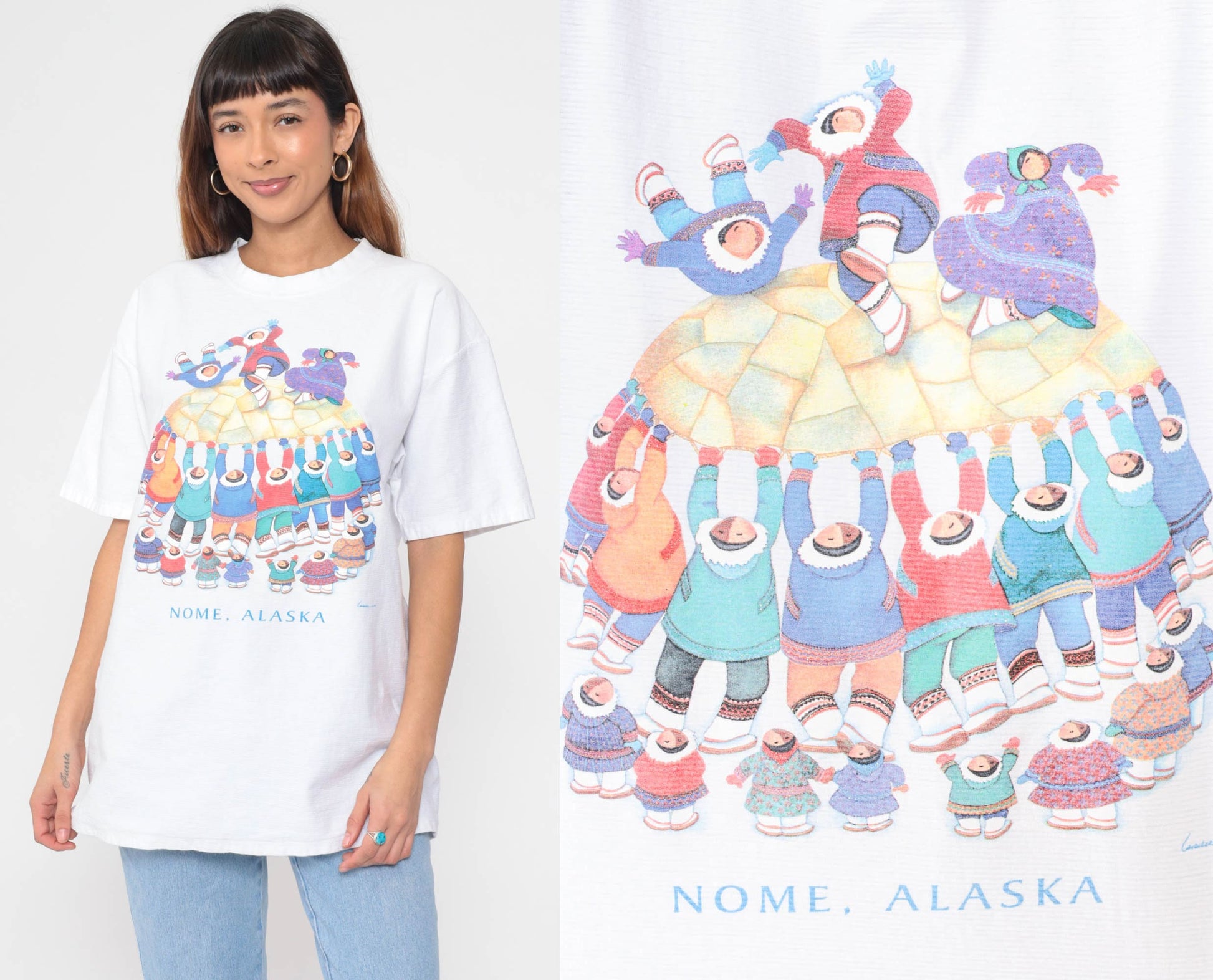 90s Nome Alaska Graphic T-Shirt Inuit Parachute Game White Glitter Extra Large