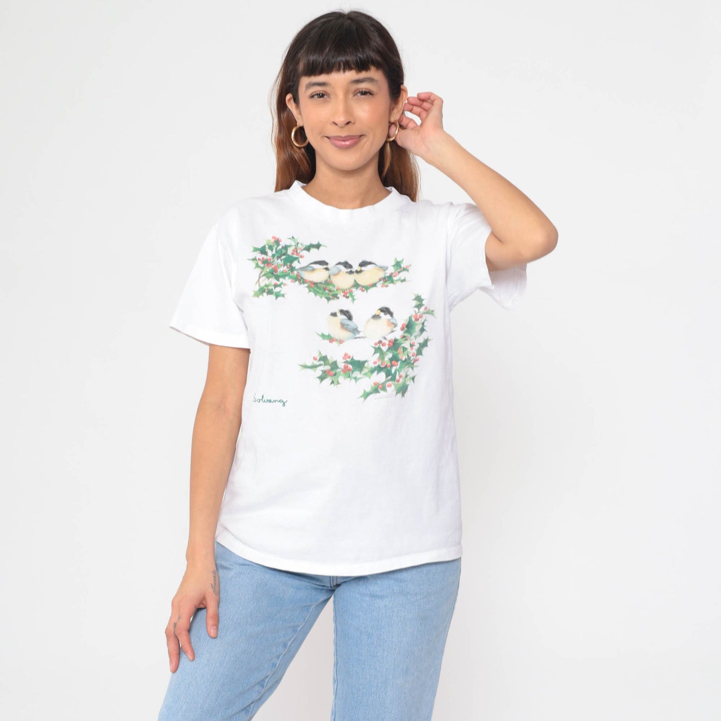 90s Solvang Chickadee Holly Graphic T-Shirt White Cotton Single Stitch Medium