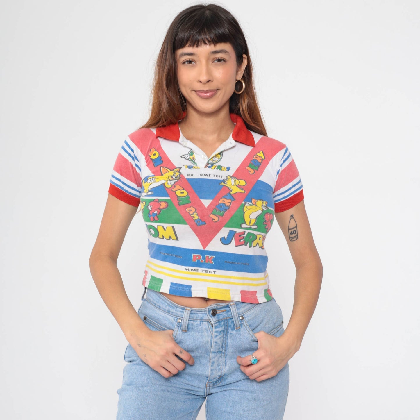 80s Tom and Jerry Polo Shirt Graphic Kids Crop Top 2XS