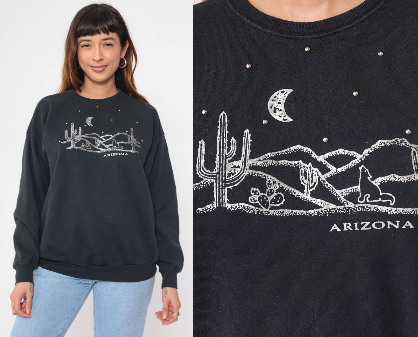90s Arizona Coyote Desert Sweatshirt Black Beaded Graphic Crewneck Large L