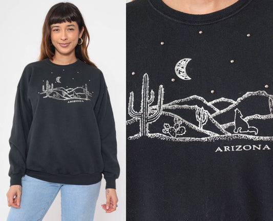 90s Arizona Coyote Desert Sweatshirt Black Beaded Graphic Crewneck Large L