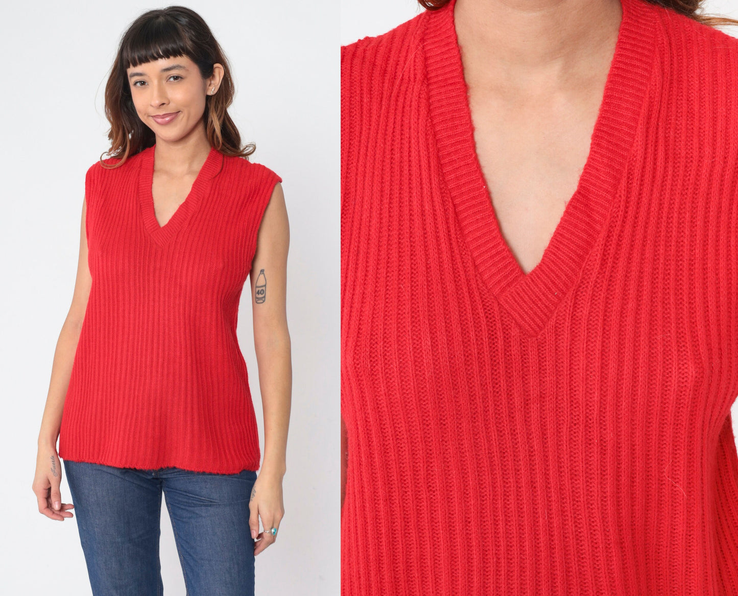70s Red Ribbed Knit Sweater Vest V-Neck Sleeveless Pullover Large L