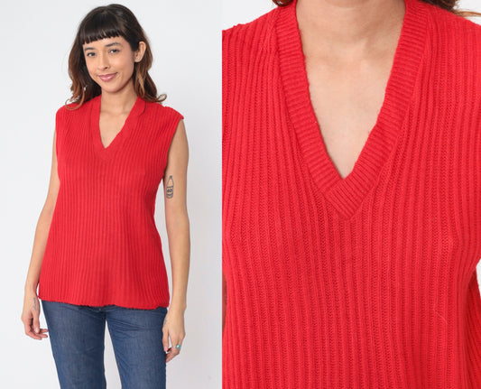70s Red Ribbed Knit Sweater Vest V-Neck Sleeveless Pullover Large L