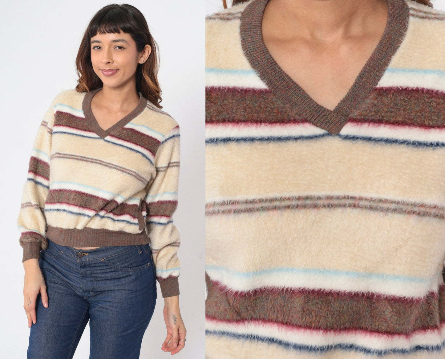 70s Striped Fleece V-Neck Sweatshirt Brown Cream Red Blue Large L