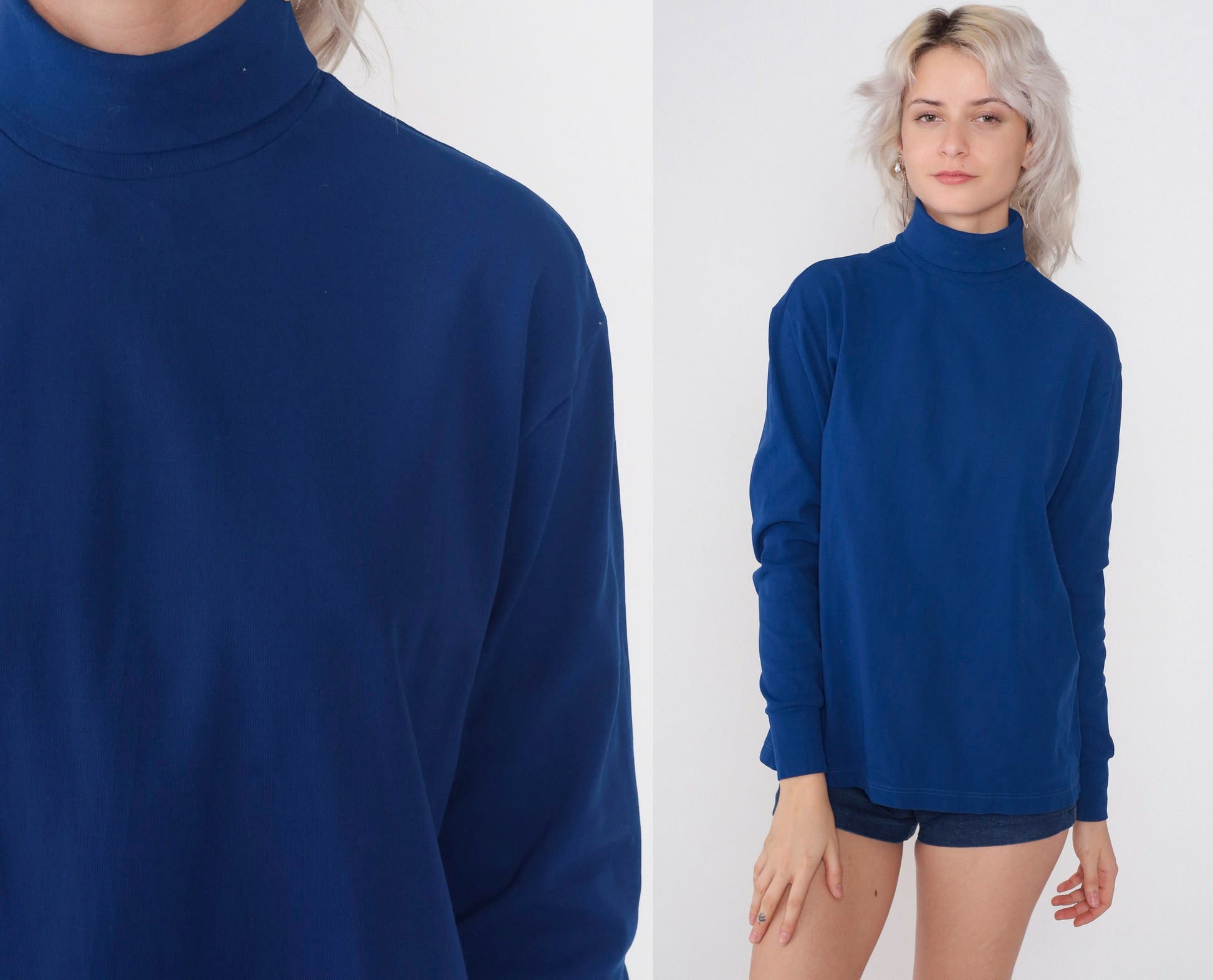 70s Navy Turtleneck Long Sleeve Shirt Plain Funnel Neck Medium M
