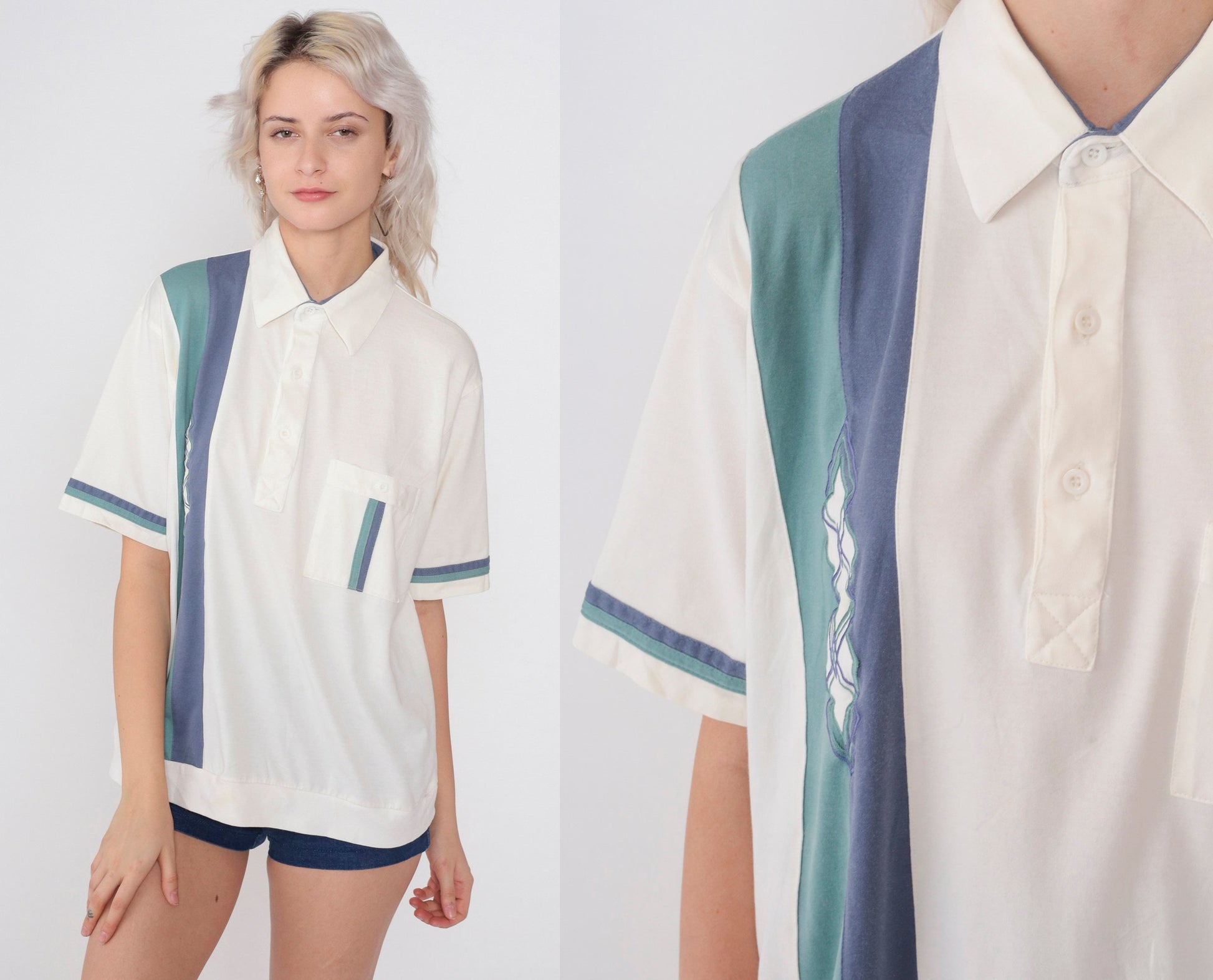 90s Haband Polo Shirt White Striped Embroidered Diamond Blue Green Men's Large