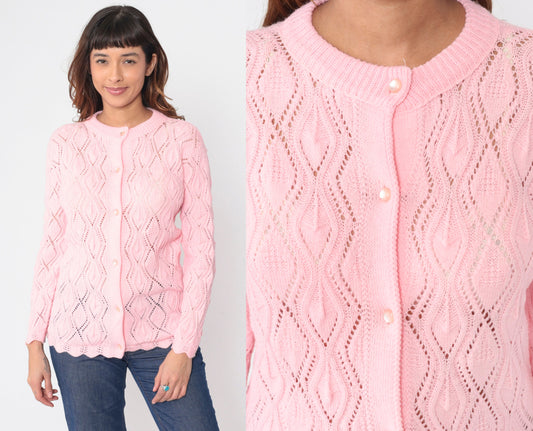 80s Baby Pink Pointelle Cardigan Button-Up Knit Sweater Scalloped Hem Medium M