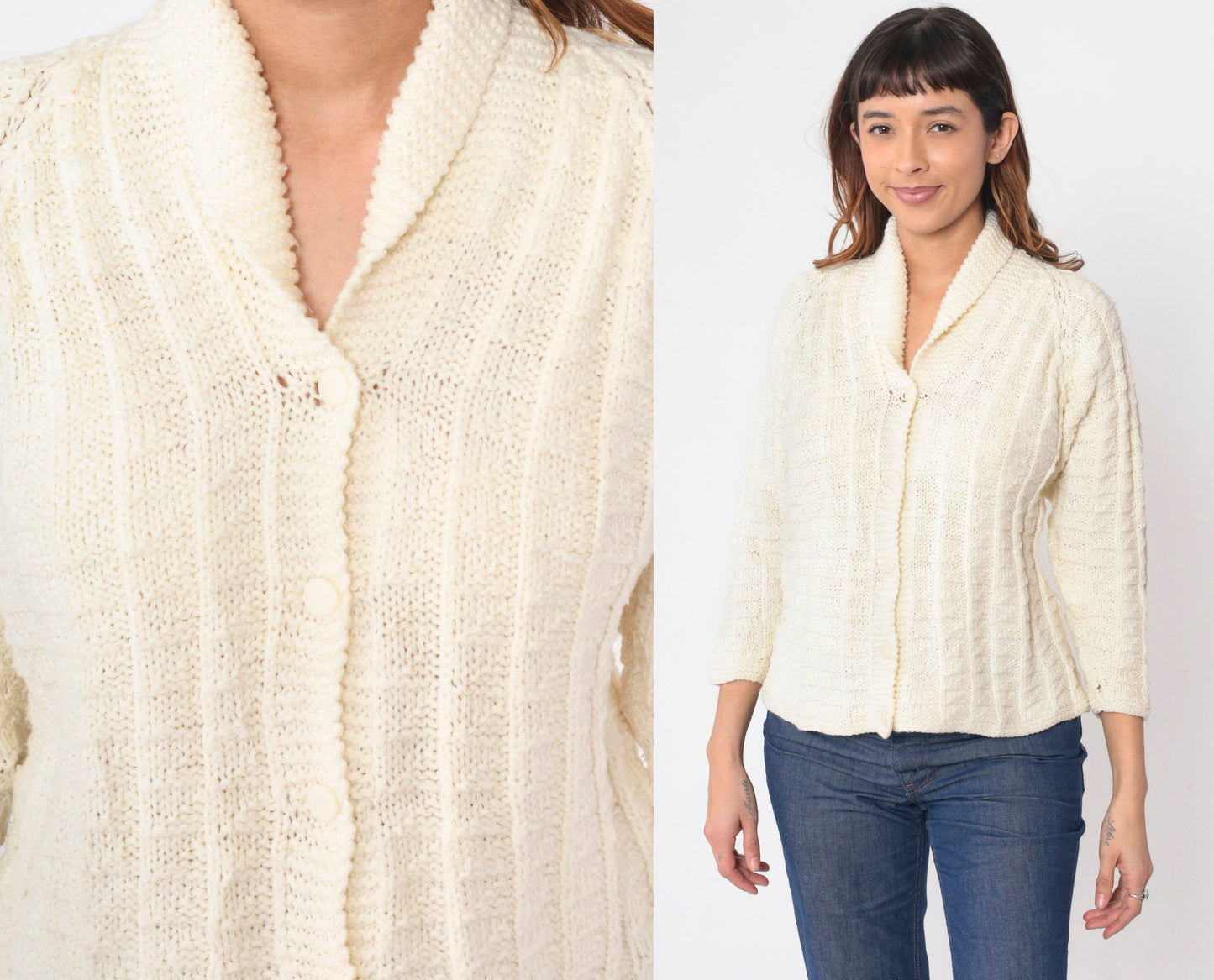 70s Cream Cardigan Shawl Collar Button-Up Knit Sweater Raglan Small S