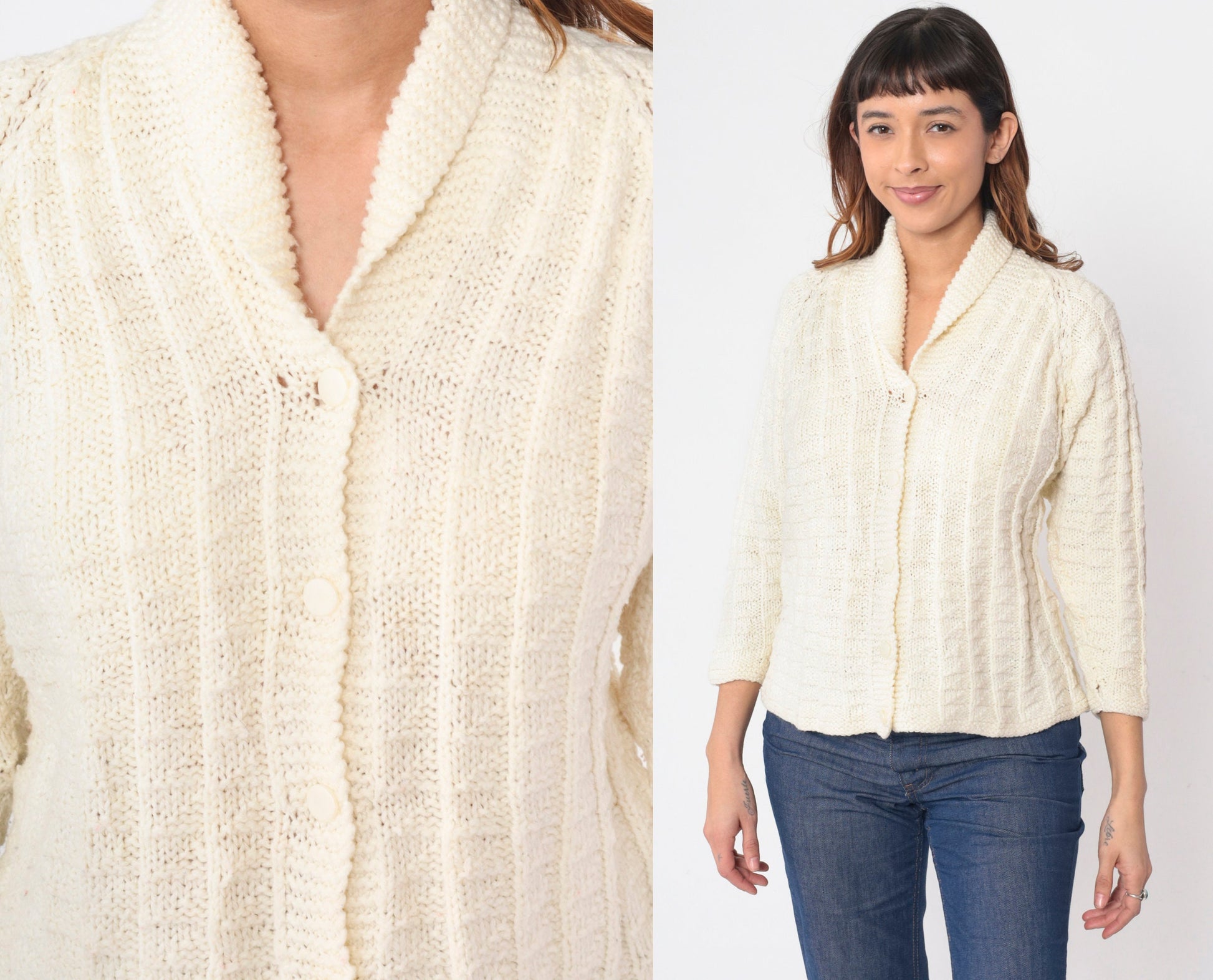 70s Cream Cardigan Shawl Collar Button-Up Knit Sweater Raglan Small S