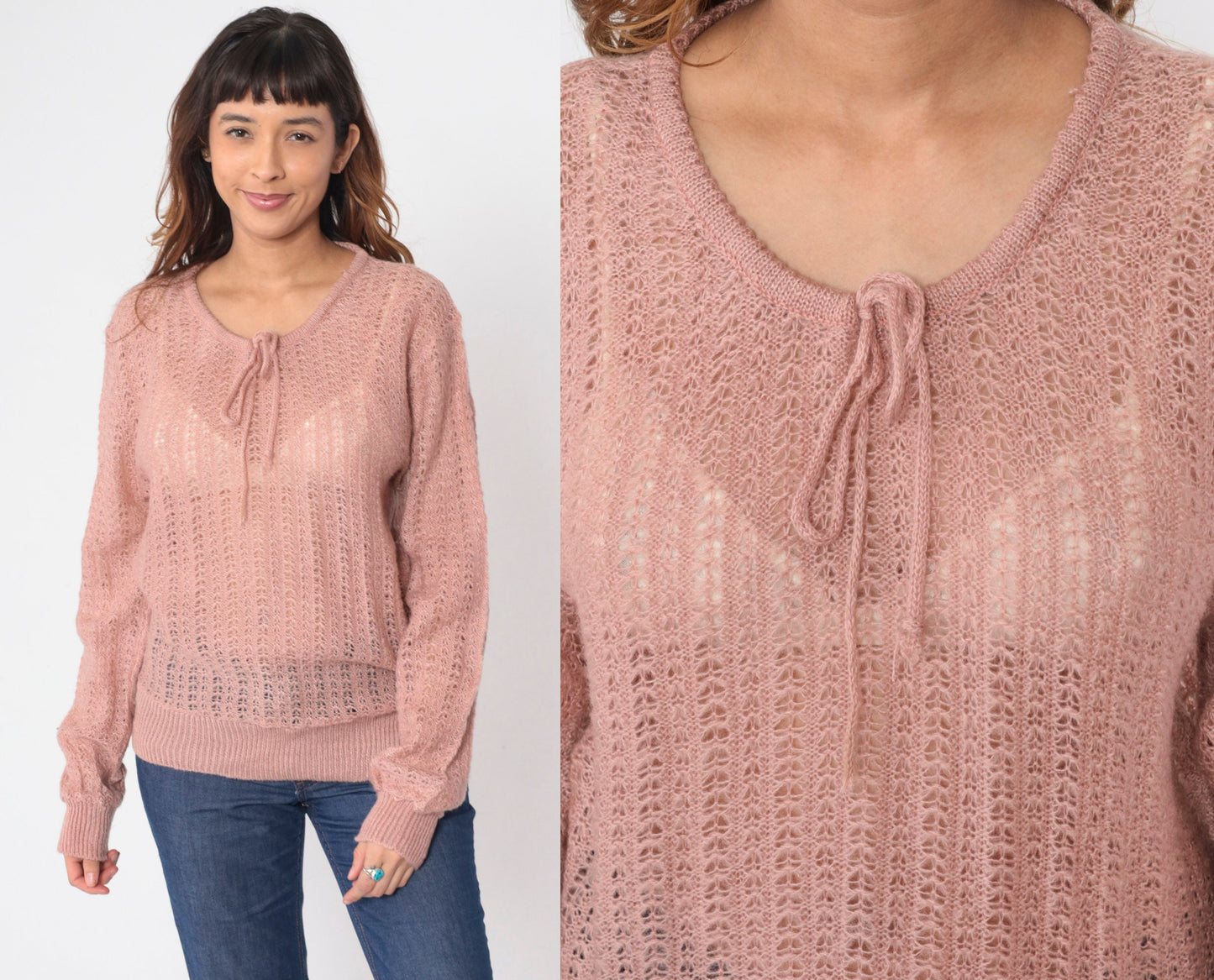 70s Dusty Pink Pointelle Knit Sweater Cutout Bow Tie Pullover Medium M