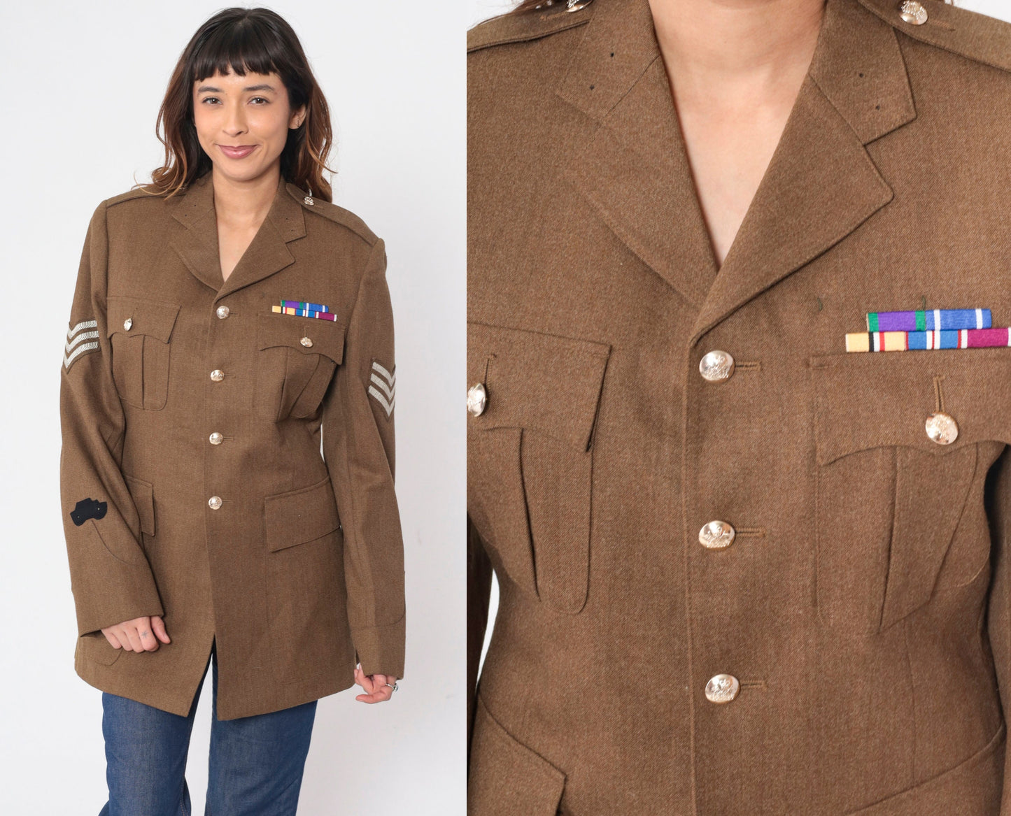 90s Australian Military Blazer Brown Army Jacket Medal Ribbons Small