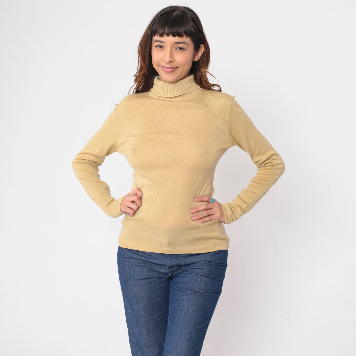 70s Jantzen Wool Blend Turtleneck Sweater Beige Long Sleeve Medium