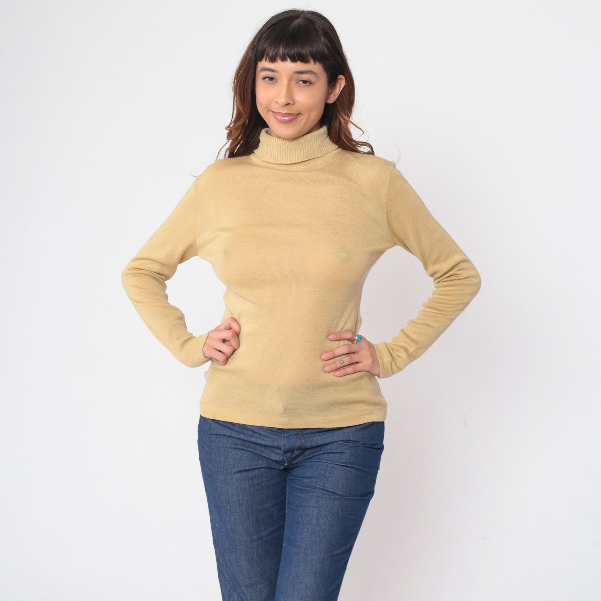 70s Jantzen Wool Blend Turtleneck Sweater Beige Long Sleeve Medium