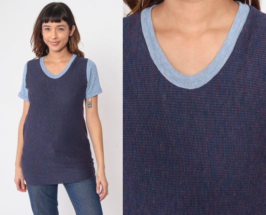 70s Ringer Tee Blue Waffle Knit Scoop Neck Cuffed Sleeve Small