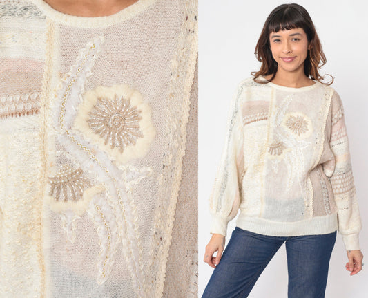 90s Mariea Kim Beaded Floral Knit Sweater Cream Mixed Media Medium