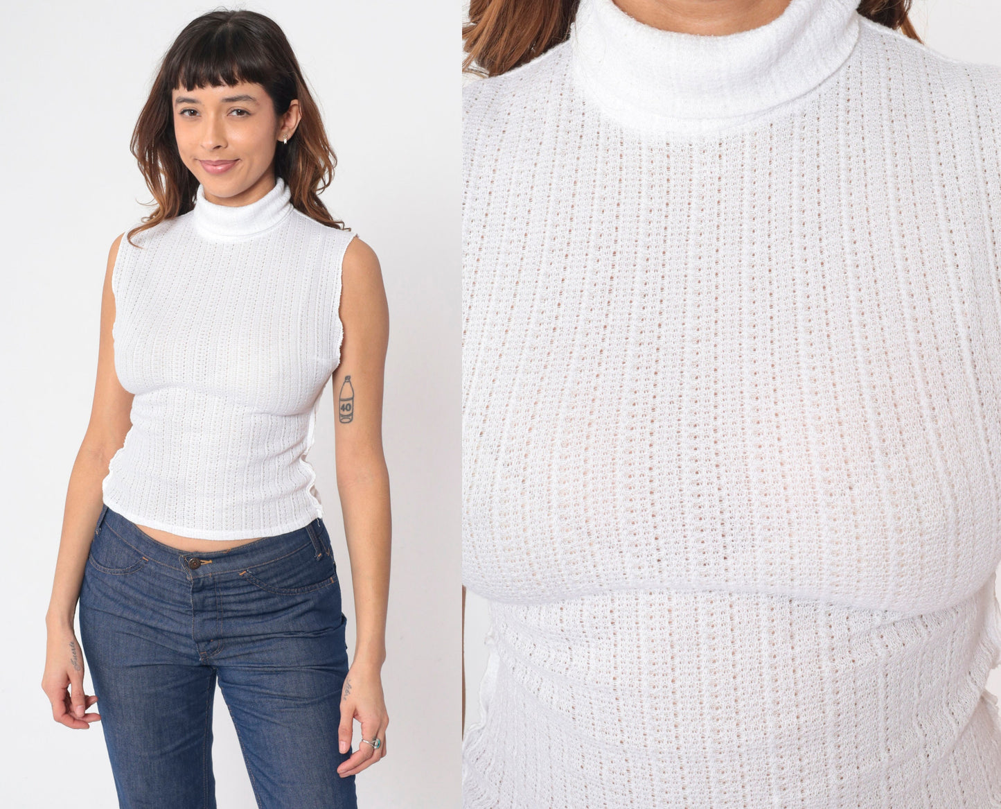 70s White Mock Neck Crop Tank Top Pointelle Cutout Sleeveless Small