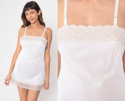 70s Sheer White Nylon Slip Dress Mini Lace Trim Adjustable Strap Small