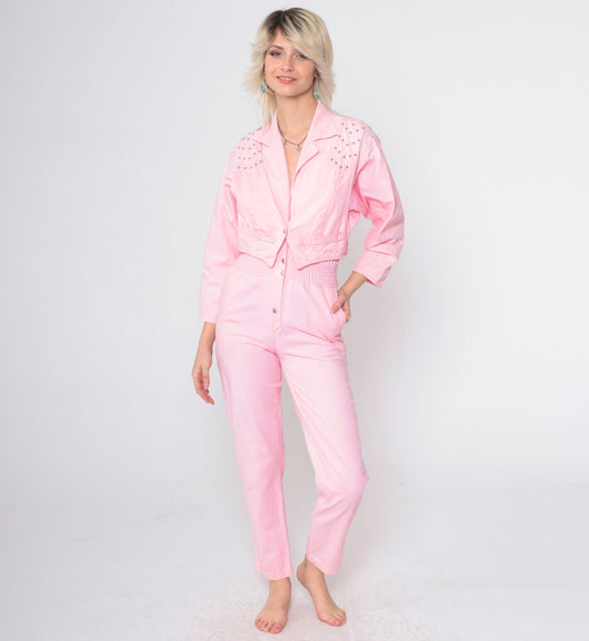 80s Baby Pink Cotton Jumpsuit Studded Vest Long Sleeve Smocked Waist XXS