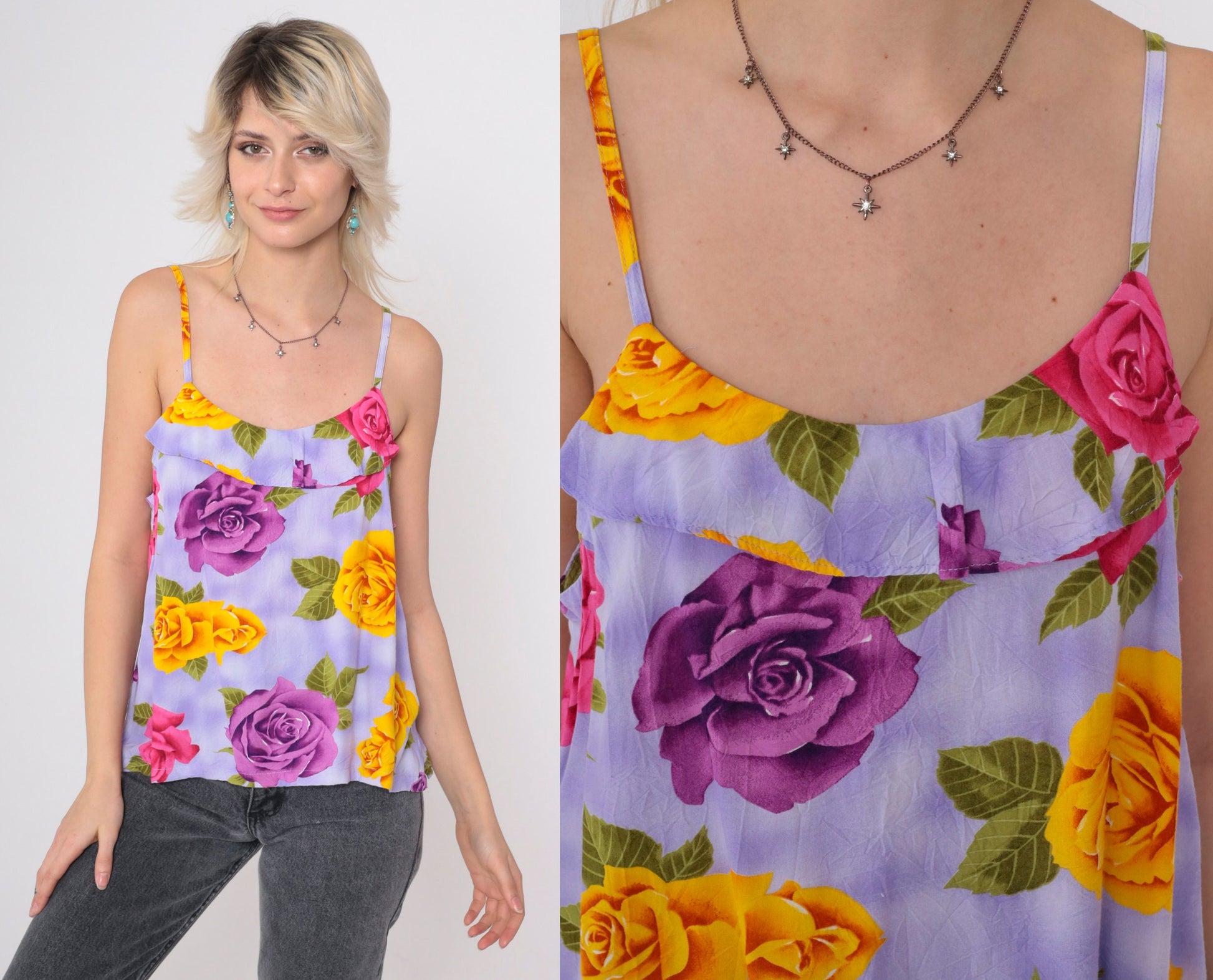 90s Jams World Floral Tank Top Spaghetti Strap Ruffled Cami Small Medium