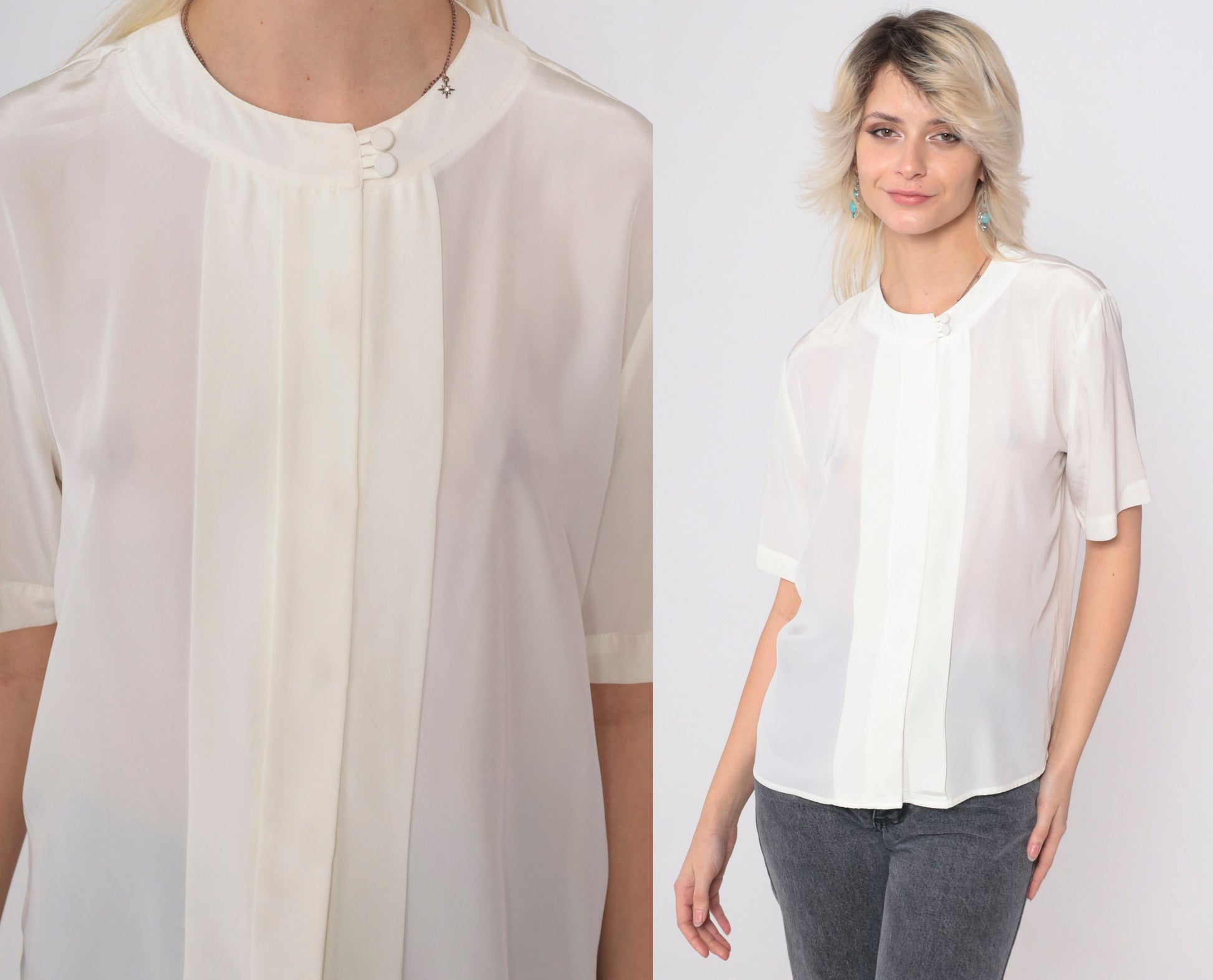 90s Off-White Pleated Button-Up Blouse Short Sleeve Secretary Top Petite 8P