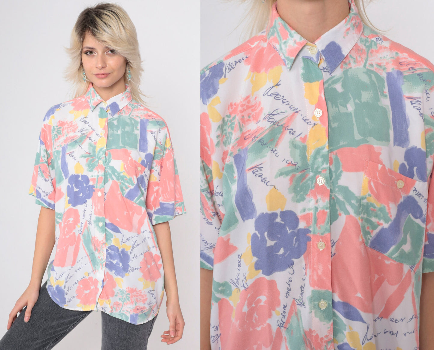 90s Floral Cursive Writing Button Up Blouse Rayon Short Sleeve Medium
