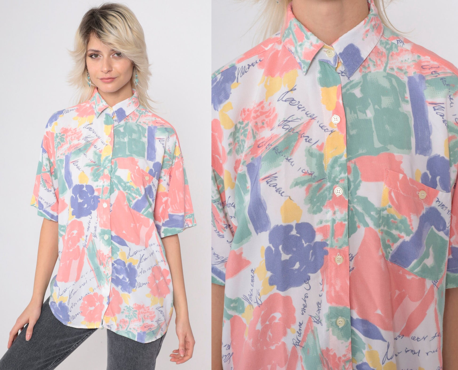 90s Floral Cursive Writing Button Up Blouse Rayon Short Sleeve Medium