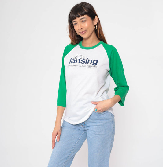 80s Lansing Michigan Ringer Tee Richard Guindon Graphic 3/4 Raglan Medium
