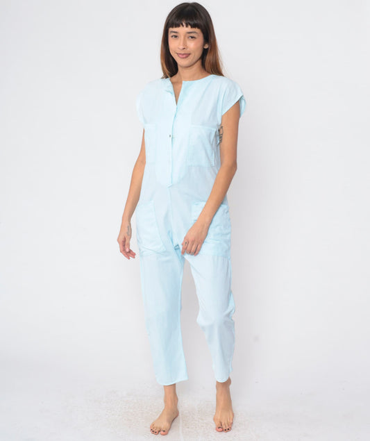 80s Baby Blue Cotton Jumpsuit Cap Sleeve Button Front Ankle Medium