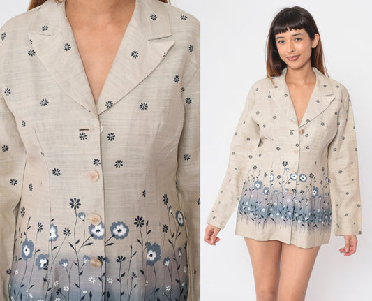 90s Floral Blazer Beige Cotton Blue Flower Print Structured Jacket Medium