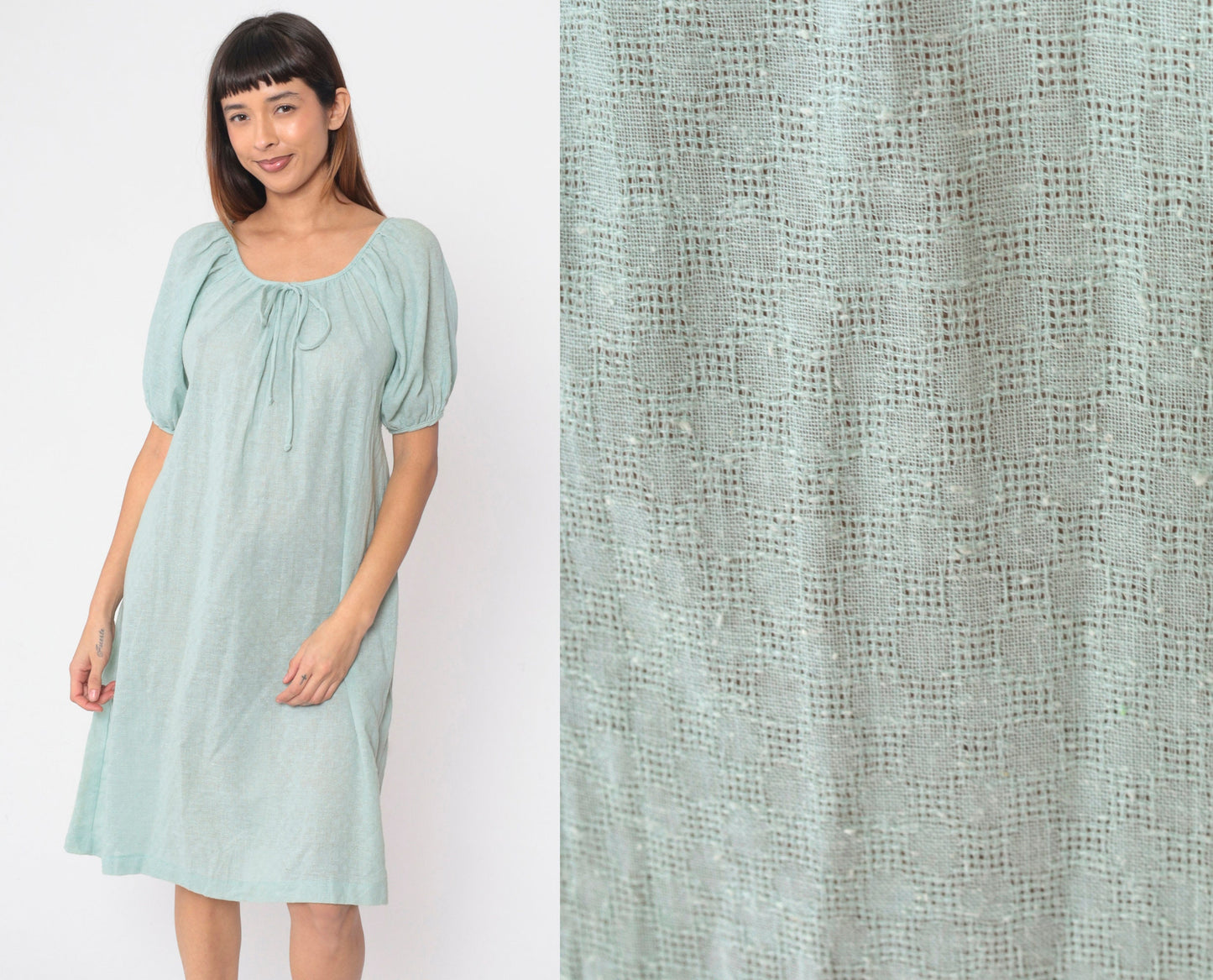 70s JC Penney Seafoam Shift Dress Bow Neck Midi Cotton Small