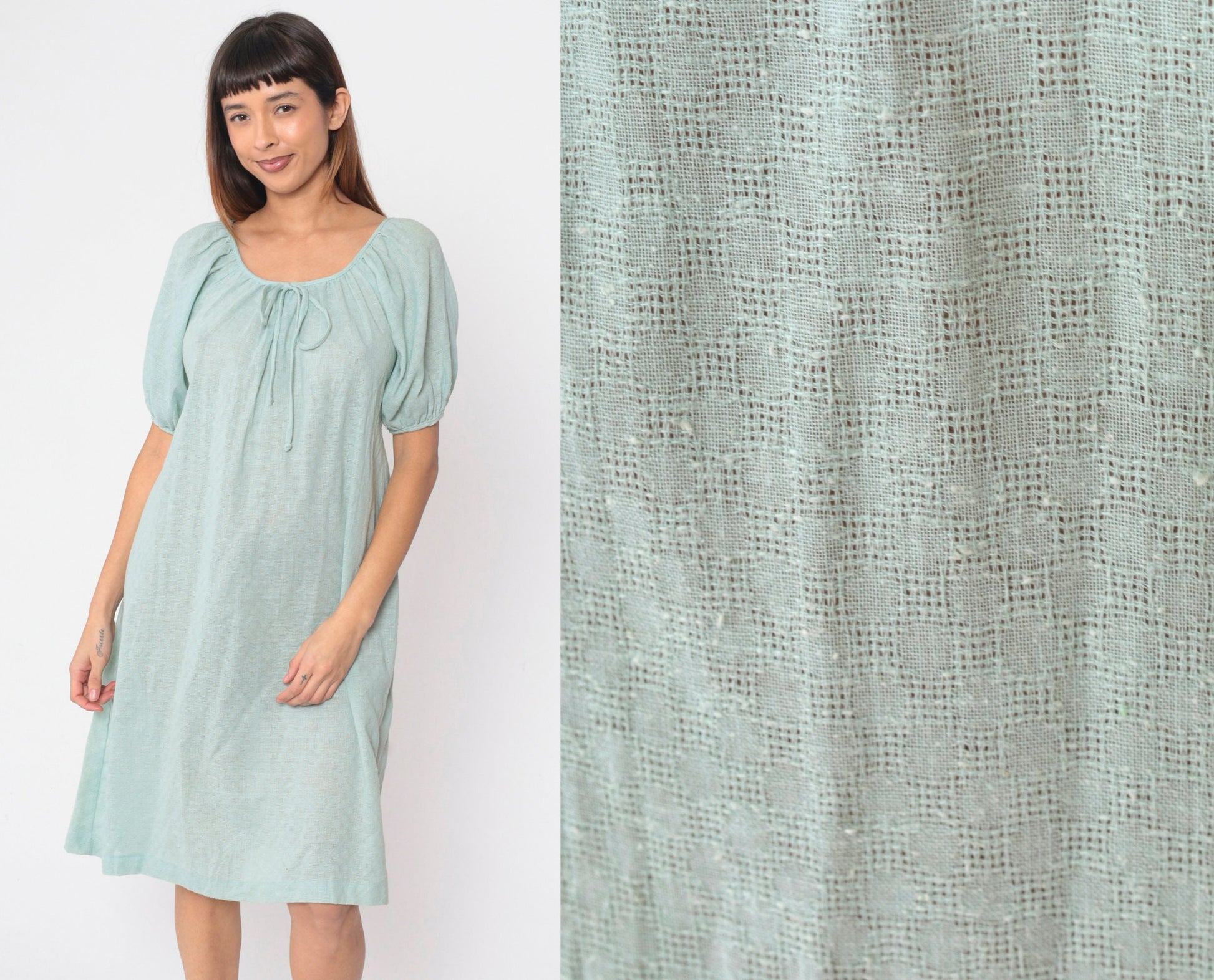 70s JC Penney Seafoam Shift Dress Bow Neck Midi Cotton Small