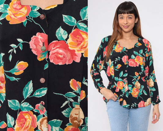 90s Carole Little Black Floral Button-Up Blouse Scalloped Neckline Medium